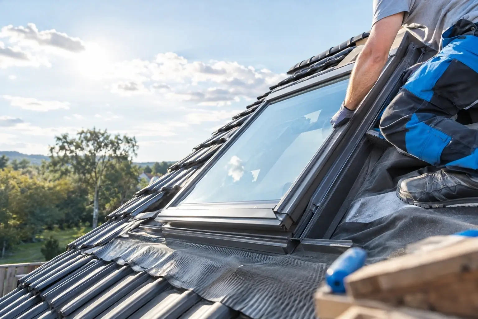 Dachdecker setzt ein neues Dachfenster in ein Steildach mit dunklen Dachziegeln ein.