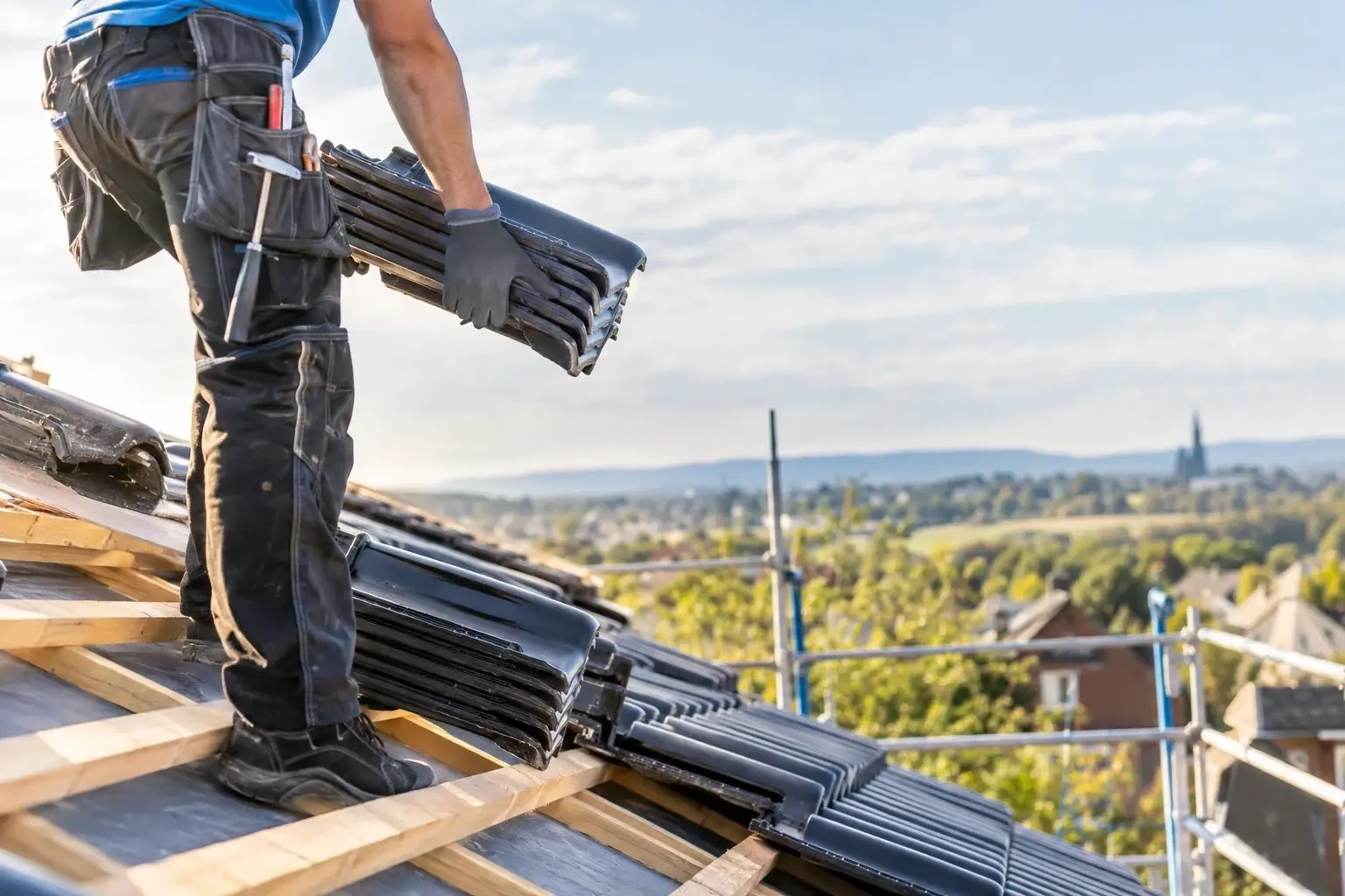 Dachdecker mit Werkzeuggürtel trägt einen Stapel Dachziegel über die Lattung eines Steildachs.