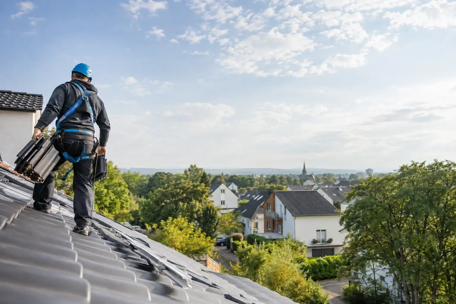 Dachdecker mit Absturzsicherung trägt Dachziegel über ein Steildach, dahinter eine Wohnsiedlung.