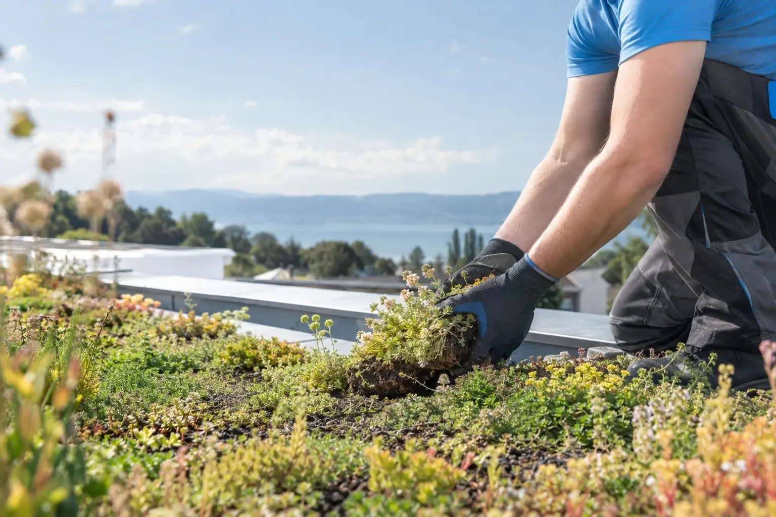 Dachdecker setzt Kräuter und Sedum in ein begrüntes Flachdach.